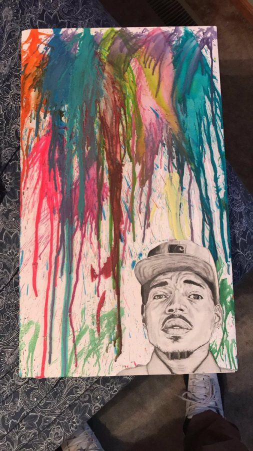 A piece of Christensens art work.  This piece depicts  the well known musician, Chance the Rapper.