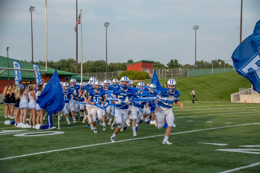 Lincoln East High school football team takes the  field on Thursday, August 31 at Seacrest Field in Lincoln, NE. The Spartans lost the game 17-0, dropping to 1-1 on the season.
Photo by Luke Borgmann
