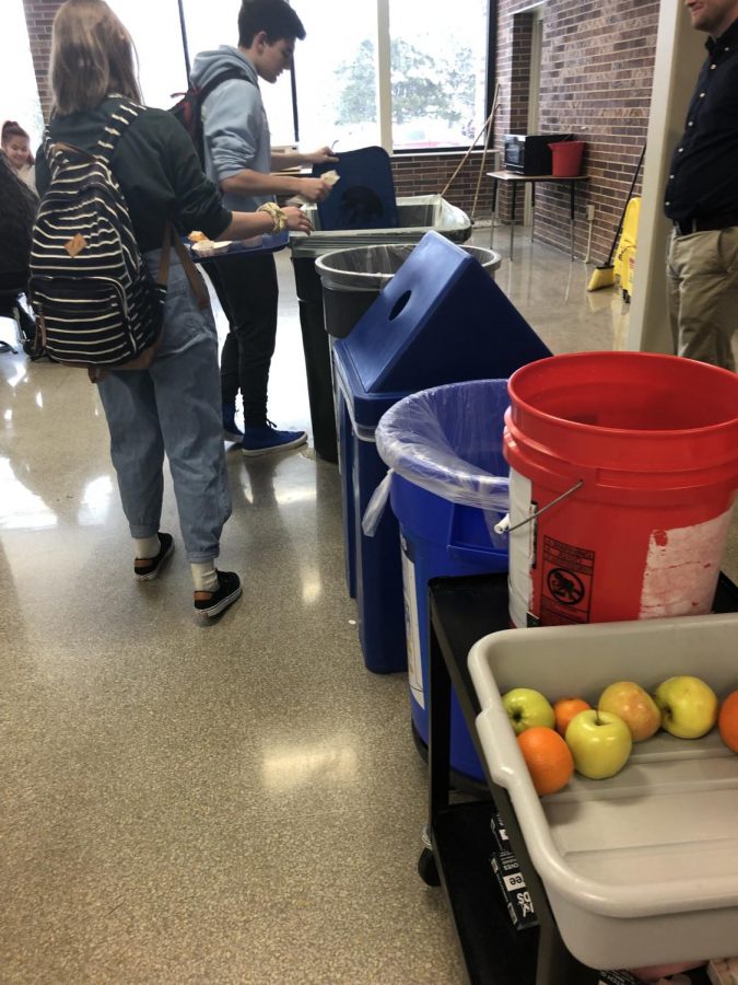 Students line up to test out the new procedure for lunch waste.  This method is meant to help our environment, beginning with schools within the LPS district.