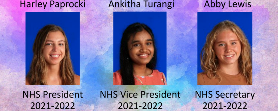 (L-R) Class of 2022 NHS officers Harley Paprocki, Ankitha Turangi, and Abby Lewis win election on April 23rd, 2021. Graphic released to NHS google classroom last school year relaying the officer election results. (file image)