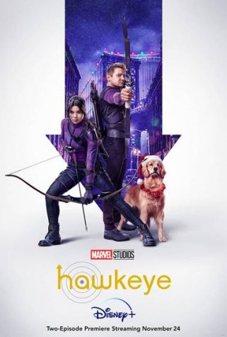 Marvel Studios Hawkeye, released on Disney+ on November 24, 2021. Staring, Jeremy Renner as Clint Barton (Hawkeye), and Hailee Steinfeld as Kate Bishop. Follows Clint and Kate as they shoot some arrows and try to stay out of trouble while developing a friendship.