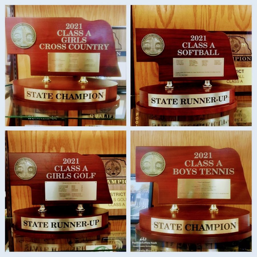 Trophies from Class A state competitions displayed in the concourse
