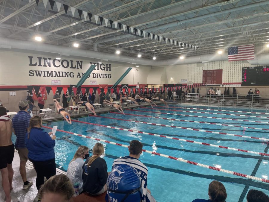 Swimmers diving into the pool during the 100 fly on Tuesday, January 18th. 