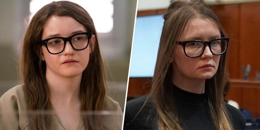 Comparison between Anna Sorokin in court and the actress Julia Garner playing the role of Anna in Shonda Rhimes Netflix series Inventing Anna.