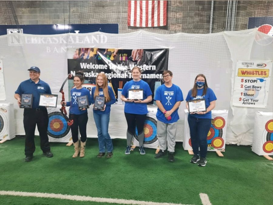 Members+of+the+Archery+Team+at+the+NASP+Regional+tournament+that+was+held+in+North+Platte+this+year.+Left+to+Right%3A+Head+Coach+Kendle%2C+Gabrielle+Stoner%2C+Reagan+Richters%2C+Taylor+Alfred%2C+Ben+Kendle%2C+and+Zoe+Hoffmeyer.
