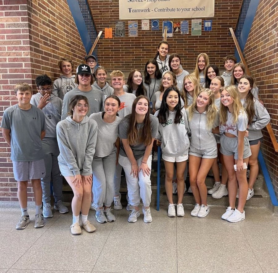 Lincoln East student council members pose for a photo during spirit week on Friday, September 16, 2022. The theme on this day was groutfit day, meaning wearing all gray attire.