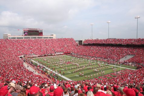 Husker football stadium packed in a sea of red.