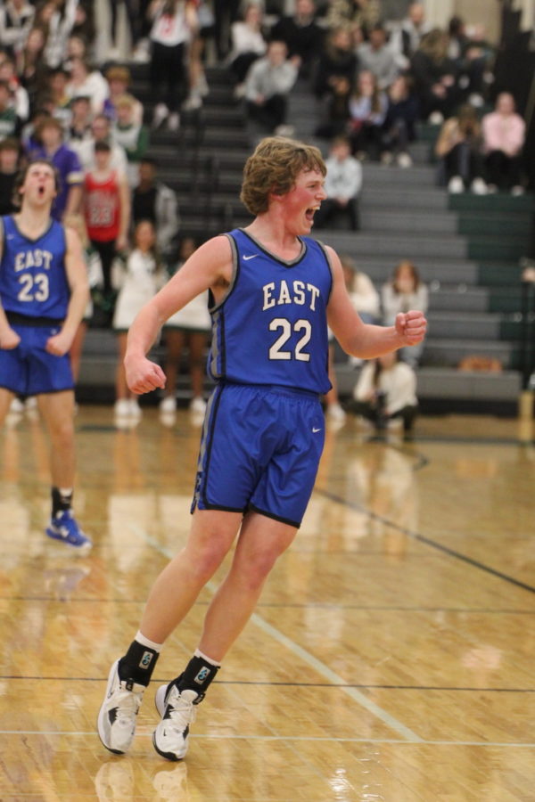 Connor Johnson celebrates hitting a go-ahead three pointer against Lincoln Southwest on January 27th, 2023. The Spartans defeated their city rival, the Silverhawks 75-59.