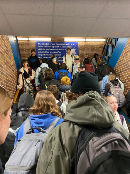 Students climb one of the two stairways from the basement to the upper floors, Thursday, Januray 19, 2023. Extremely congested stairwells make passage both up and down the stairs during passing periods very difficult and slow.