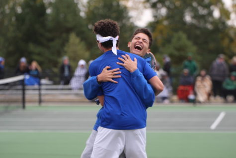 Yakub Islamov celebrates with his teammate after winning the state tournament for Boys Tennis on October 14th, 2022. The Spartans finished their stellar season undefeated, setting school and state records.