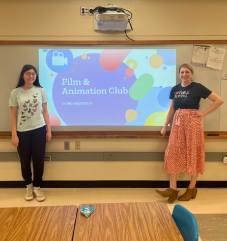 Lincoln East High School Film Club leaders Annabelle Kumm and Ms. Funk pose for a photo after a successful first meeting on Thursday, Jan. 12, 2023. The two are excited to kick off the club and welcome new members.