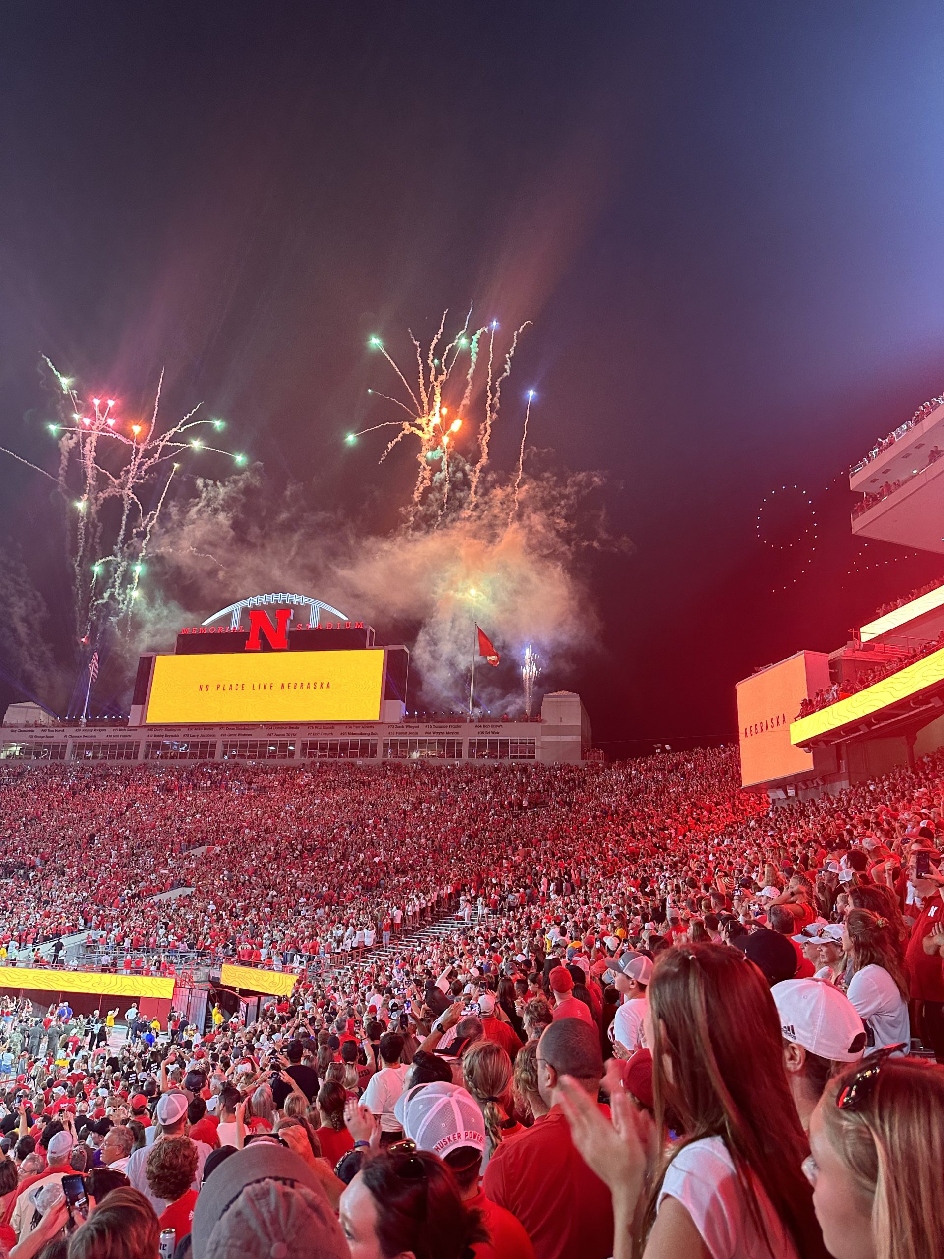 Fireworks display over Memorial Stadium during Volleyball Day, after the Husker Volleyball team defeated the University of  Omaha. The number 92,003 was displayed by drones, the number of seats that were sold for the record breaking game.