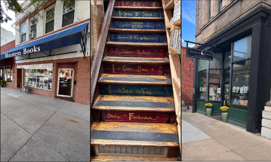 Bluestem Books (left) is located at 137 S 9th St in downtown Lincoln and is open 10am-5pm Tuesday-Saturday. A Novel Idea (middle) is located at 118 N 14th St and is open from 12-6pm Wednesday-Saturday. The photo displays the creative stairs in A Novel Idea that have the names of some Classics. Francie & Finch (right) is located at 130 S 13th St and is open 10am-5:30pm Monday-Friday and 12-4pm on Saturday.