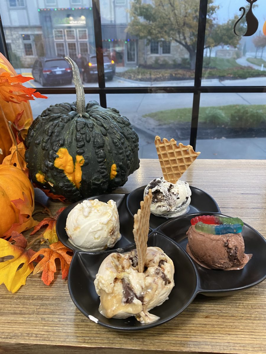 (L-R) A platter tray of four of 402 Creamerys popular ice creams, Pumpkin Scream Cheese, Goblin Grub, Cookies n Cream, and Creepy Crawlers, October 25, 2023. All of these ice creams, with the exception of Cookies n Cream, are a part of 402 Creamerys new fall menu.