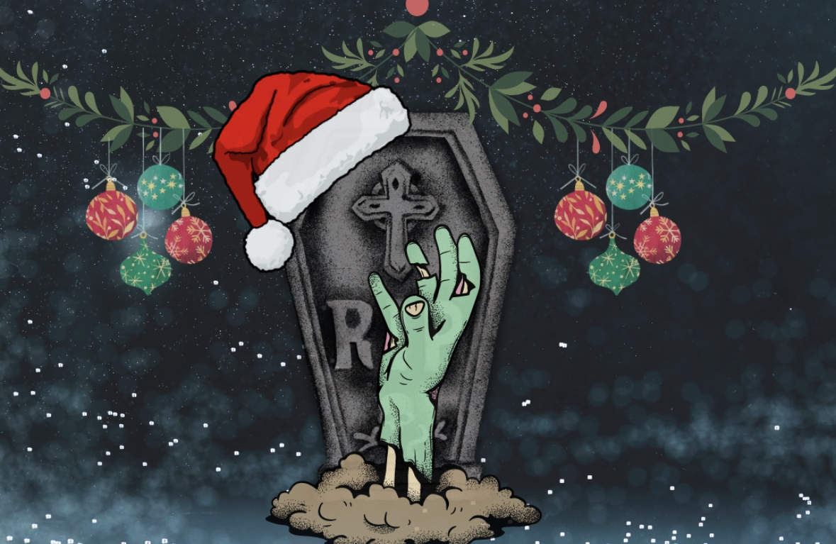 A graphic of a zombie version of Santa sticking his hand out of his grave.