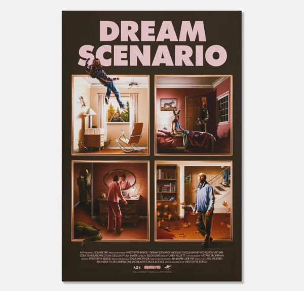 Poster for Dream Scenario starring Nicholas Cage as Paul Matthews (bottom right). The film was released to theaters November 10th.