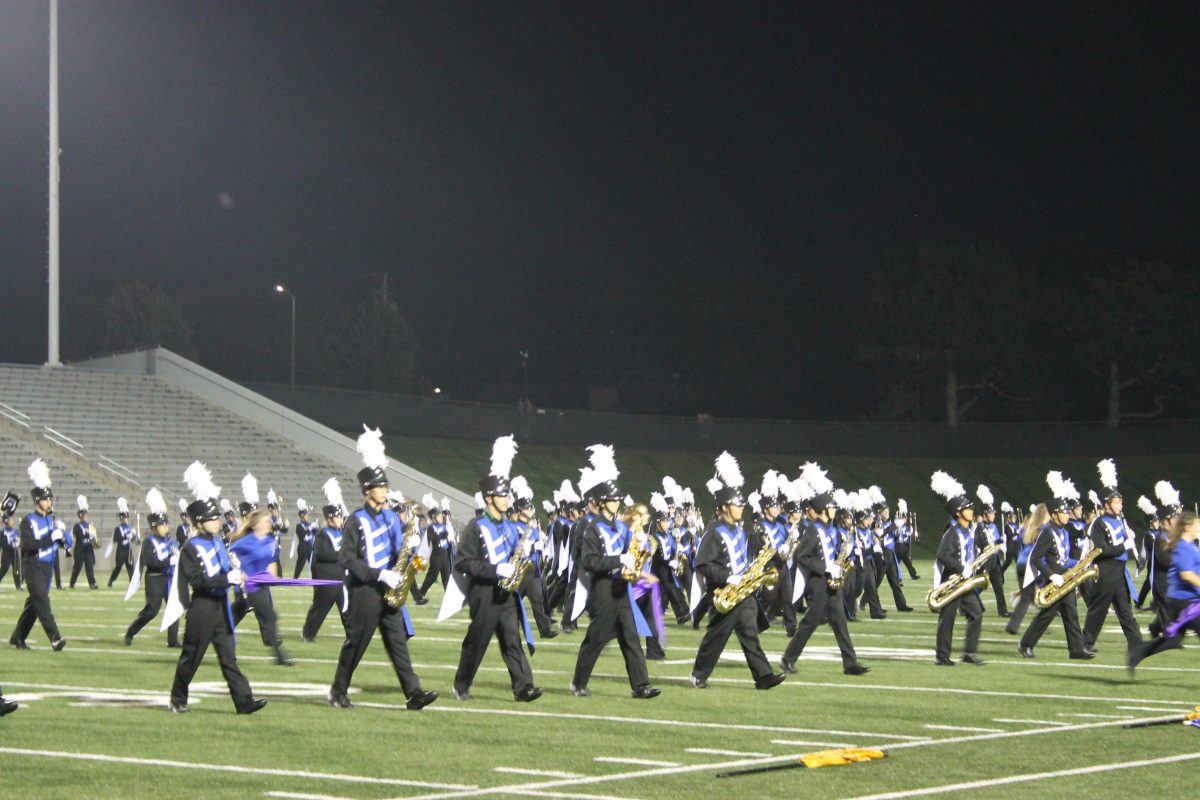 The Lincoln East Marching Band performs at halftime of the homecoming football game on Thursday, September 12 at Seacrest Field. The Spartans debuted their Middle Eastern inspired show for their first performance of the year.