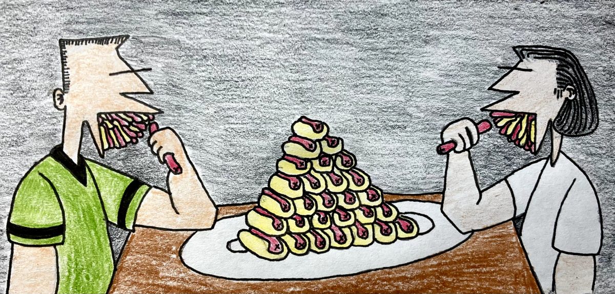 Illustration of Joey Chestnut (left) and Takeru Kobayashi (right) who competed on "Chestnut vs. Kobayashi: Unfinished beef" on September 2, 2024. Chestnut won the competition by eating 83 hotdogs in 10 minutes.