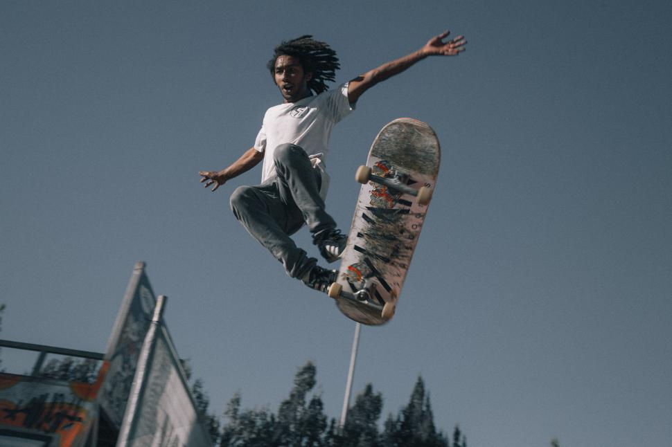 Skateboarding is on the rise among Ukraine's teenagers and young adults as a way to regain youth. Man dangerously completed a high level skateboarding trick.