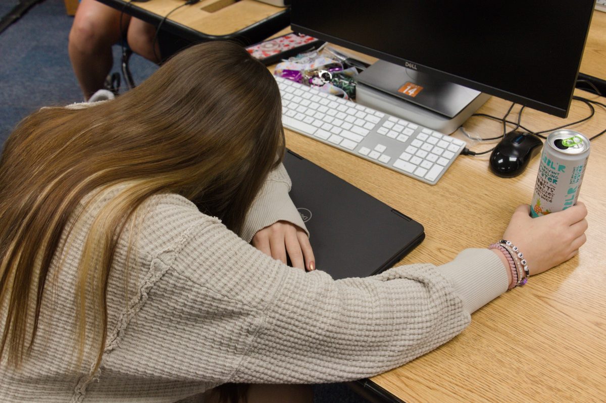 Sweet Pea Ratliff slumps at her desk during 5th period with an energy drink in hand due to a lack of sleep. Highschool sleep schedules are often a struggle to maintain, which causes tiredness throughout the school. 