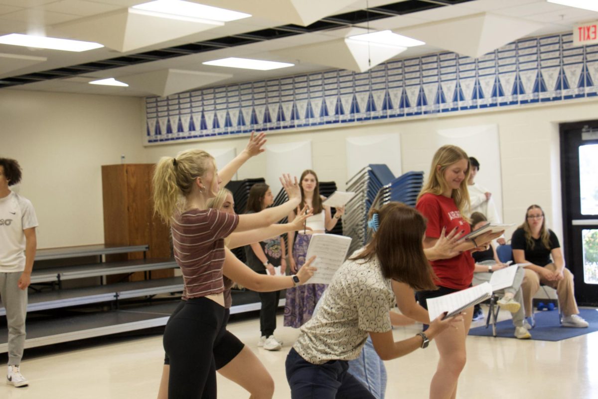 The three fates practice "pushing" actress Linnea Welsh to her destined fate at the afterschool rehearsal on September 23, 2024. The fates are played by Madelyn Knutson, Kaylee Elliot, and Leah Blake, who act as the voice in your head, dictating where you go in life.