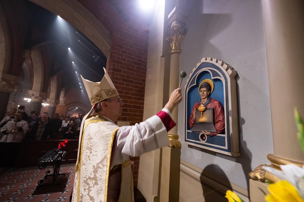 Bishop Nicholas Hudson blesses new sculpture of Blessed Carlo Acutis at Corpus Christi Catholic Church in Maiden Lane, London. Acutis is soon to become the Catholic Church's first millennial saint, and will serve as a rolemodel for many young people as they look to build their relationship with Christ.