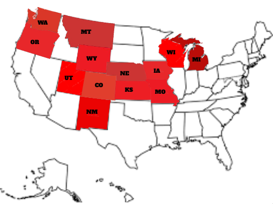 The map of The United States of America represents the 13 states that had been affected by the recent McDonald's E.coli outbreak. It's important to see the geographical outlook of this outbreak for information on where the contaminated products are being sold and eaten.