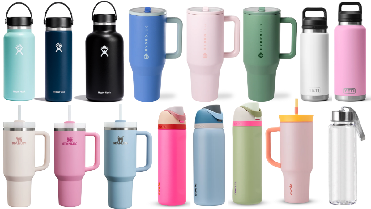 Hydro Flask (top left), Hydro Jug (top middle), Yeti (top right), Stanley (bottom left), Owala (bottom middle), and generic brands (bottom right) are some of the most trending water bottles at the moment. 35% of students said that Owalas were their favorite water bottle brand.