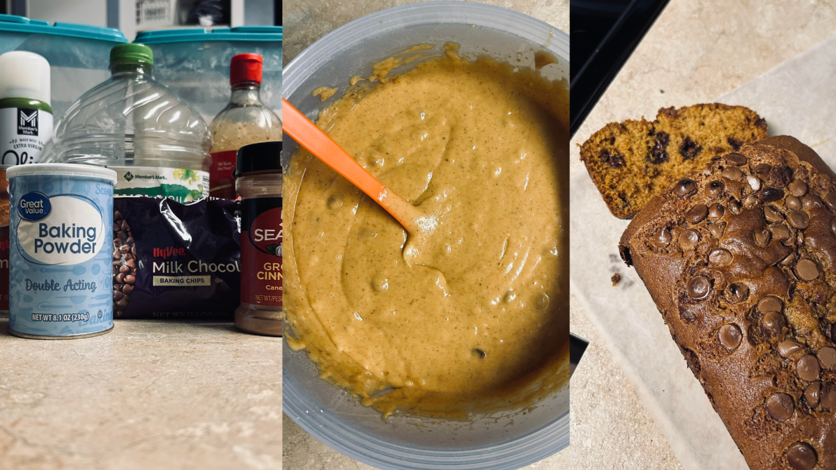 On October 21, 2024, chocolate chip pumpkin bread was made to end up being the best fall treat.The ingredients, batter, and the end result of the Chocolate Chip Pumpkin bread.