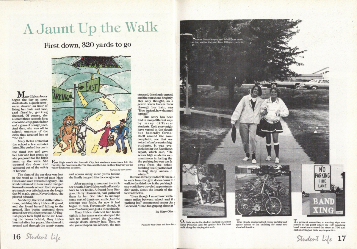 In 1985, a student describes the long walk up from the lot, and the events that may occur in poor weather. This article in the yearbook featured any struggles that occur from the parking problem.
