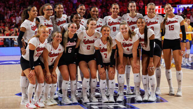 The Nebraska Cornhuskers celebrate their win with a group photo. So far this season the Nebraska Corn huskers are undefeated and are looking forward to a good season