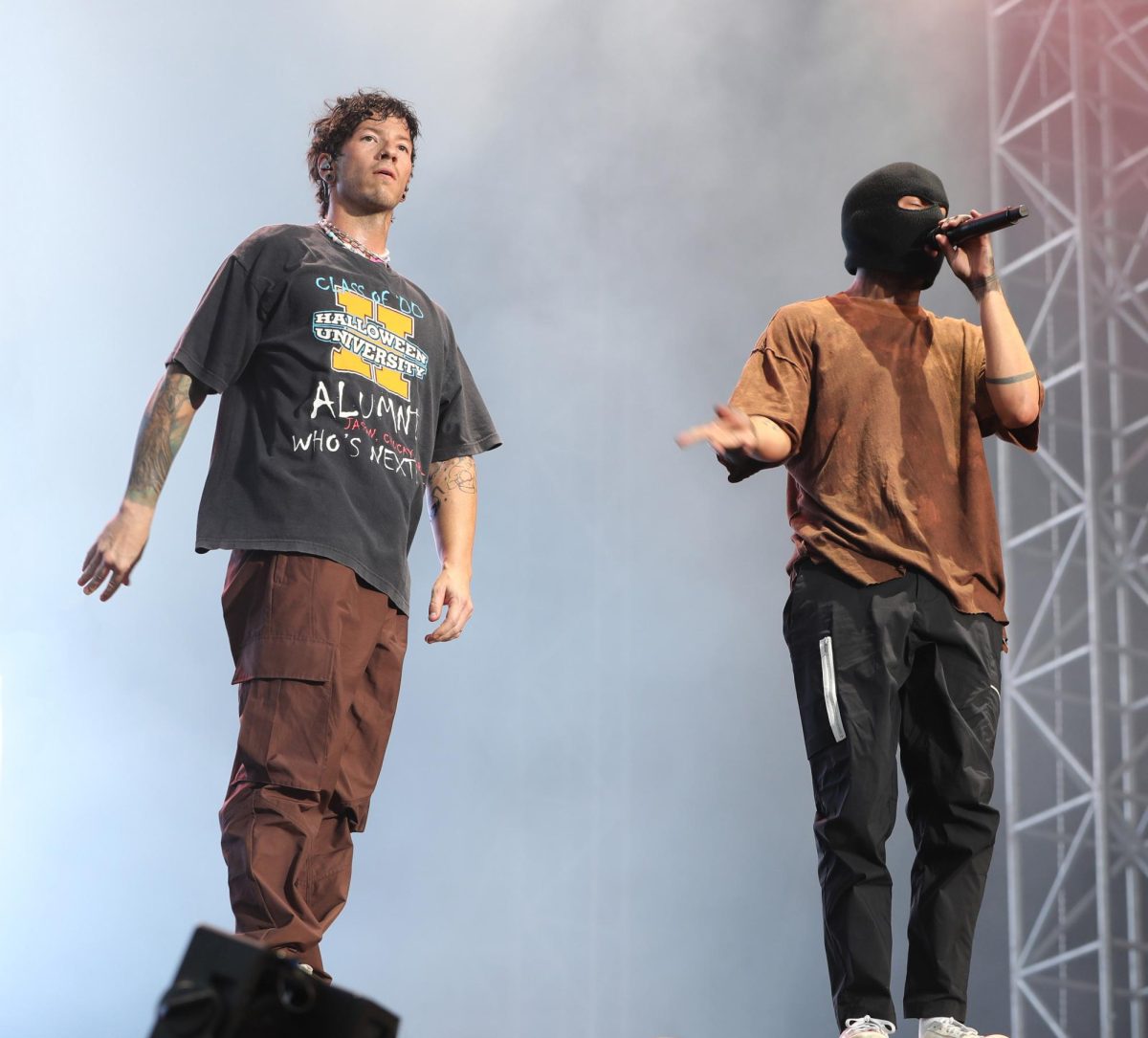 "Twenty One Pilots performing "Holding On To You" at Southside Music Festival in 2022." Members Tyler Joseph (left) and Josh Dun (right) have released two studio albums since 2022 titled 'Clancy' and 'Breach'.