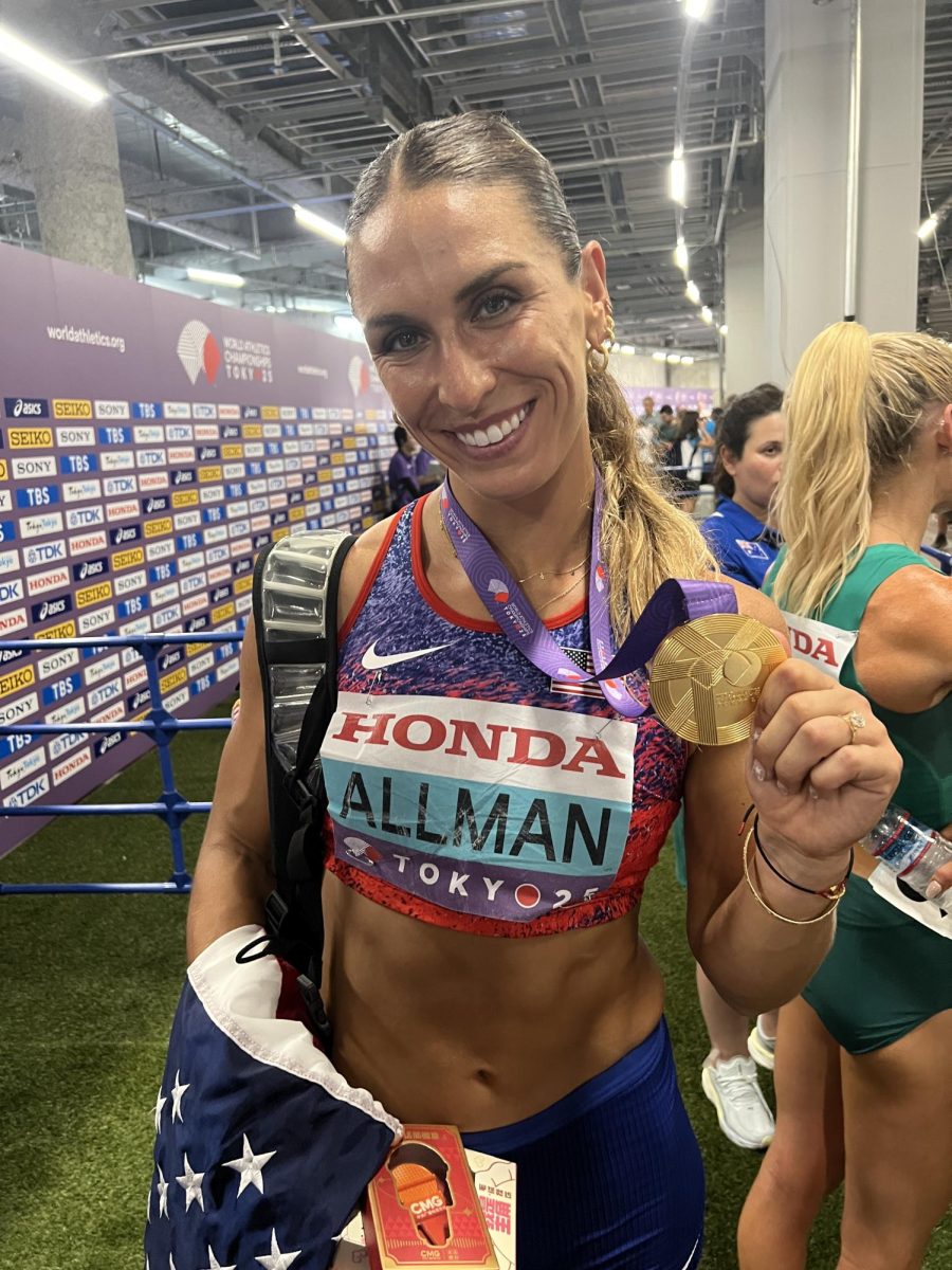 American athlete Valerie Allman smiles for the camera after winning gold in the World Athletics Championship women’s discus throw on September 14, 2025. Allman ultimately threw an impressive distance of 69.48 meters.
