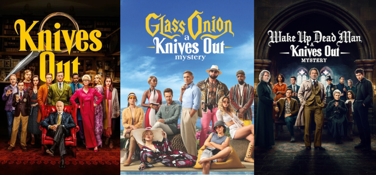 The three knives out movies, from left to right: Knives out, Glass Onion, and Wake Up Dead Man.