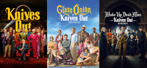 The three knives out movies, from left to right: Knives out, Glass Onion, and Wake Up Dead Man.